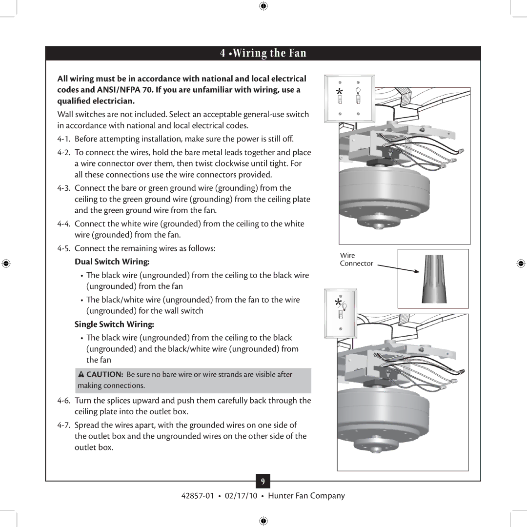 Hunter Fan 42857-01 installation manual Wiring the Fan, Dual Switch Wiring, Single Switch Wiring 