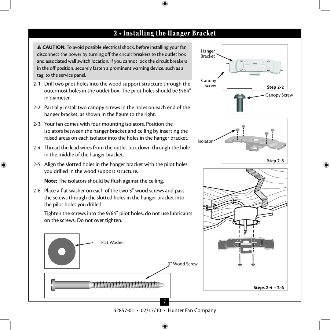 Hunter Fan 42857-01 installation manual Installing the Hanger Bracket 
