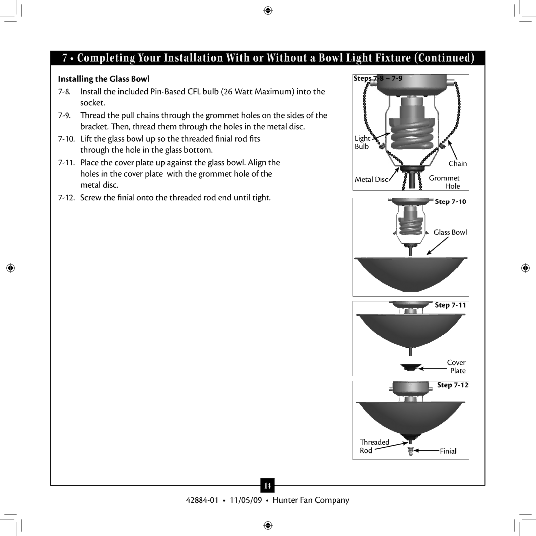 Hunter Fan 42884-01 installation manual Installing the Glass Bowl 