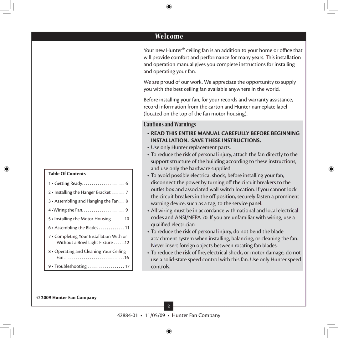 Hunter Fan 42884-01 installation manual Welcome 