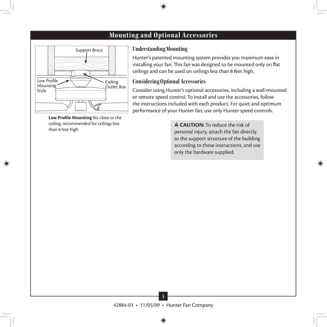 Hunter Fan 42884-01 installation manual Understanding Mounting, Considering Optional Accessories 