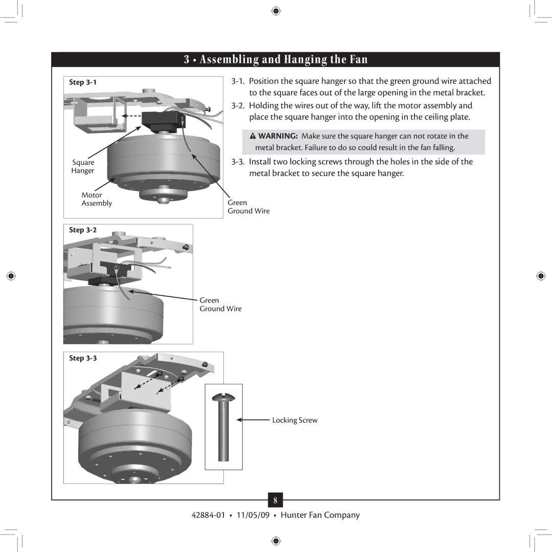 Hunter Fan 42884-01 installation manual Assembling and Hanging the Fan 