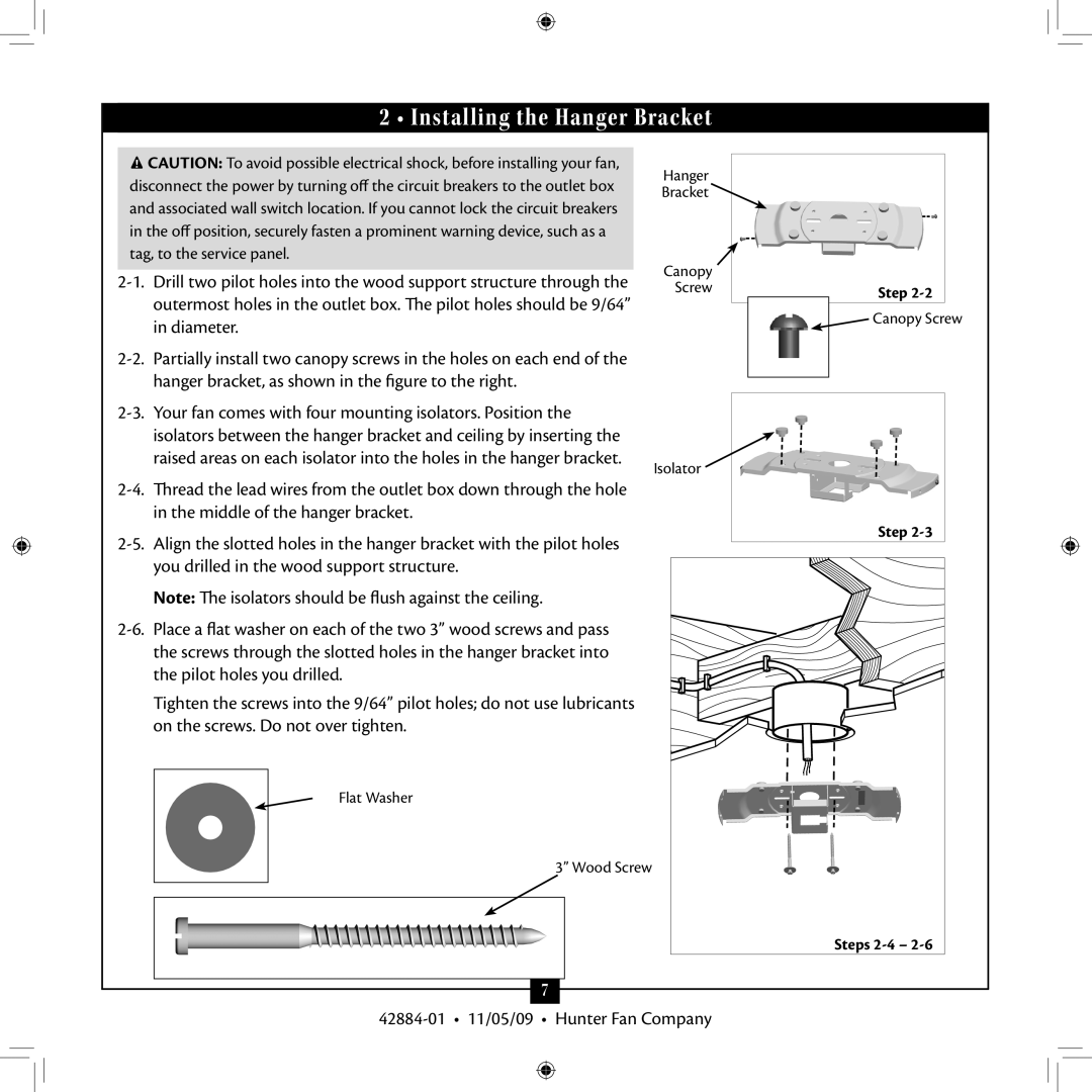 Hunter Fan 42884-01 installation manual Installing the Hanger Bracket 