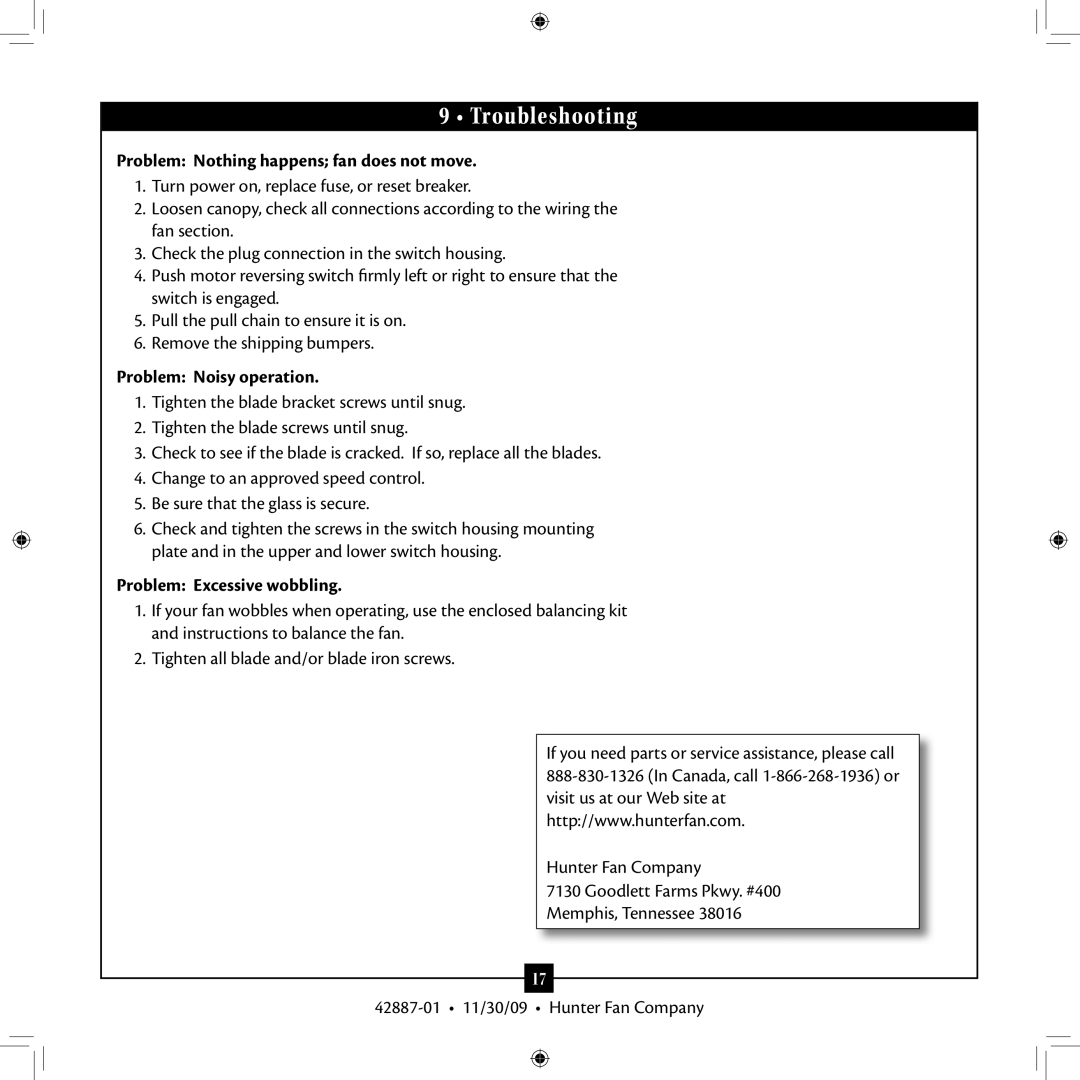 Hunter Fan 42887-01 installation manual Troubleshooting, Problem Nothing happens fan does not move, Problem Noisy operation 