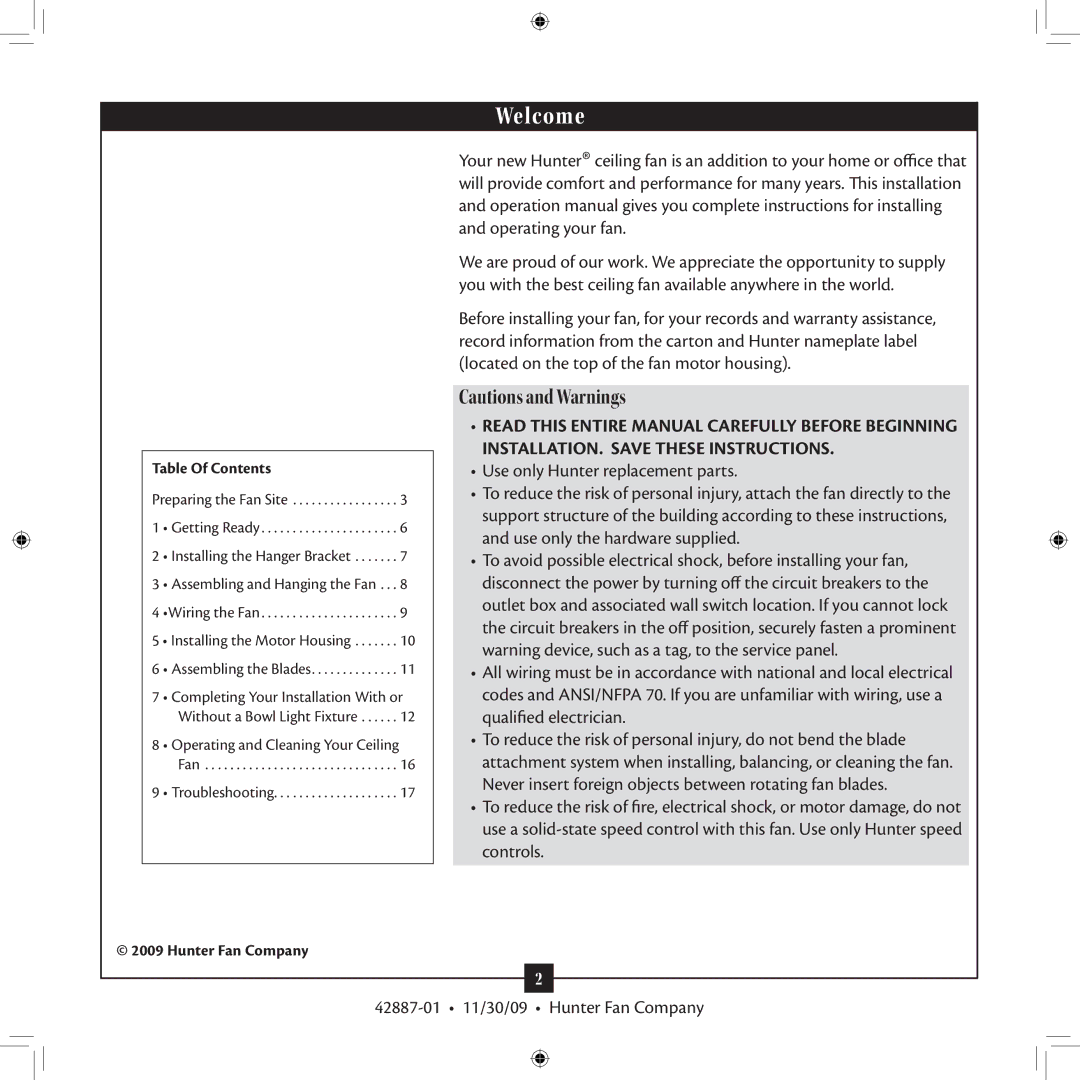 Hunter Fan 42887-01 installation manual Welcome 