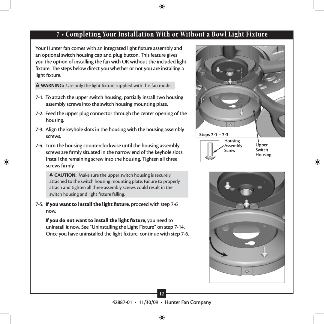 Hunter Fan 42887-01 installation manual Completing Your Installation With or Without a Bowl Light Fixture 