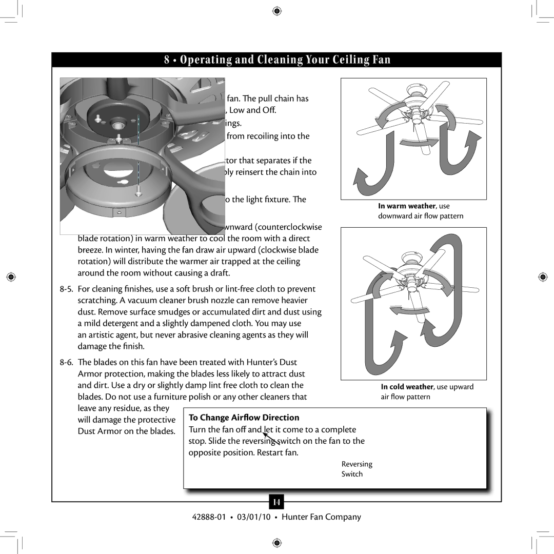 Hunter Fan 42888-01 installation manual Operating and Cleaning Your Ceiling Fan 