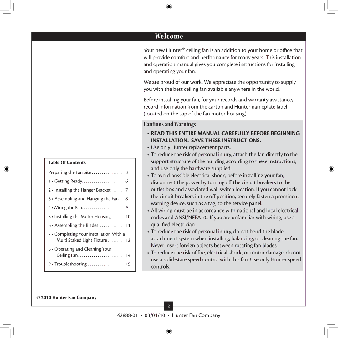 Hunter Fan 42888-01 installation manual Welcome, Table Of Contents 