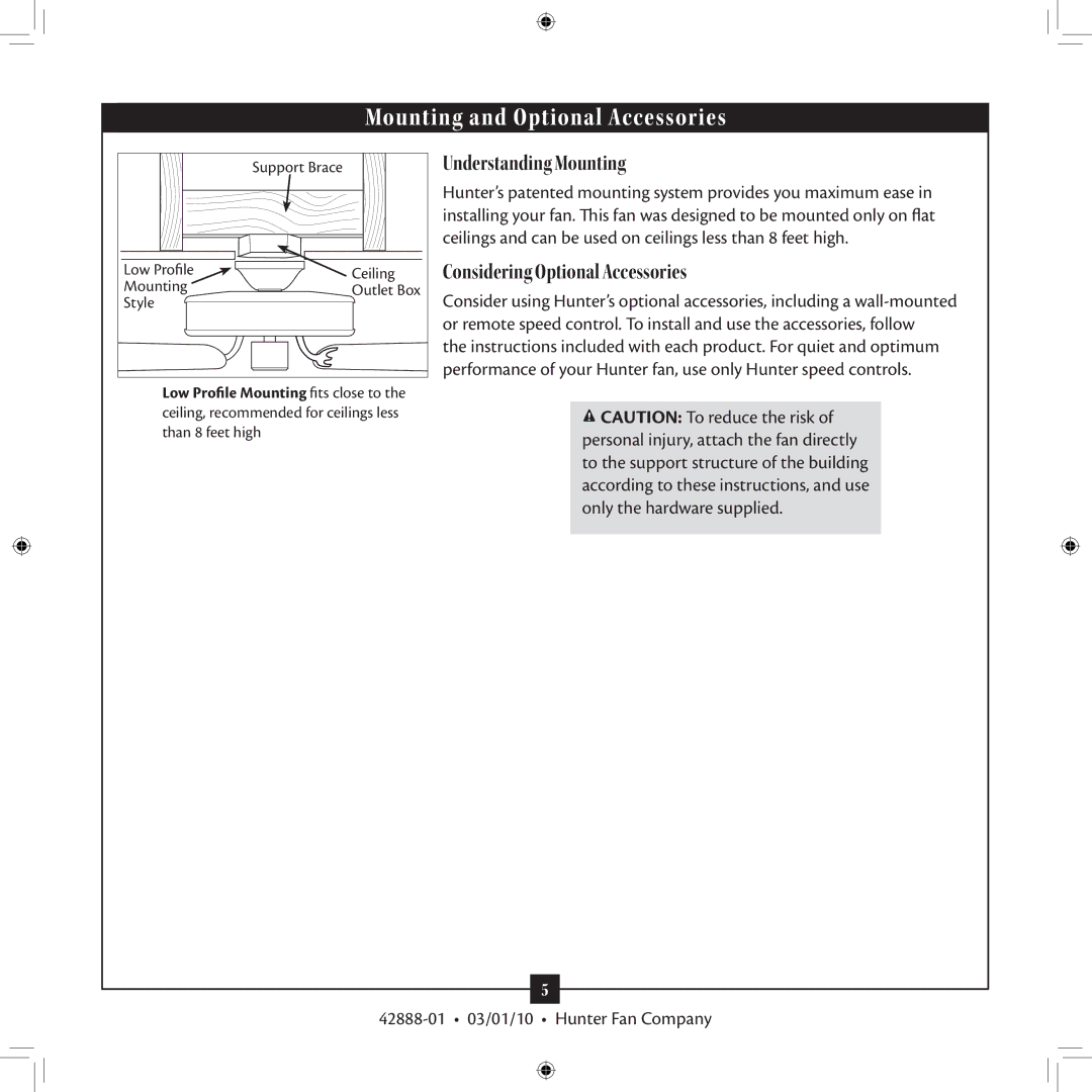 Hunter Fan 42888-01 Mounting and Optional Accessories, Understanding Mounting, Considering Optional Accessories 