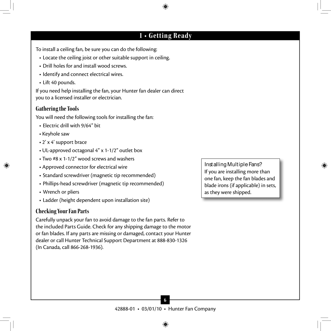 Hunter Fan 42888-01 Getting Ready, Gathering the Tools, Checking Your Fan Parts, Installing Multiple Fans? 
