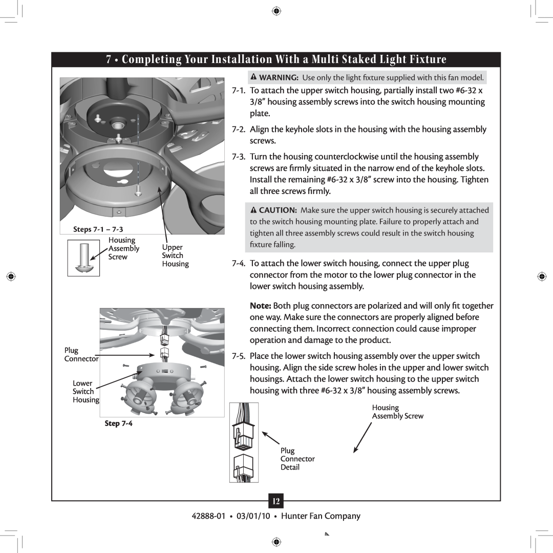 Hunter Fan installation manual 42888-01 03/01/10 Hunter Fan Company 