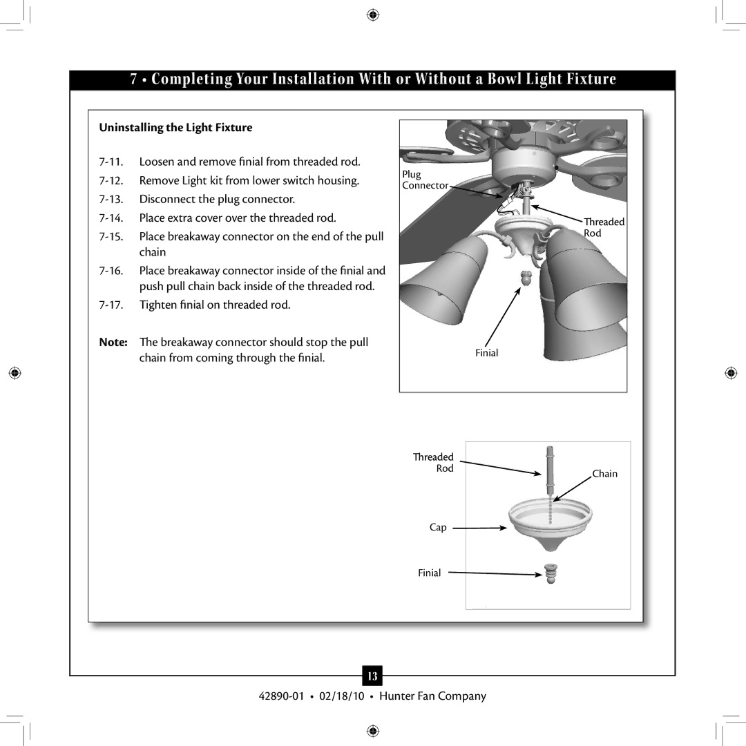 Hunter Fan 42890-01 installation manual Uninstalling the Light Fixture 