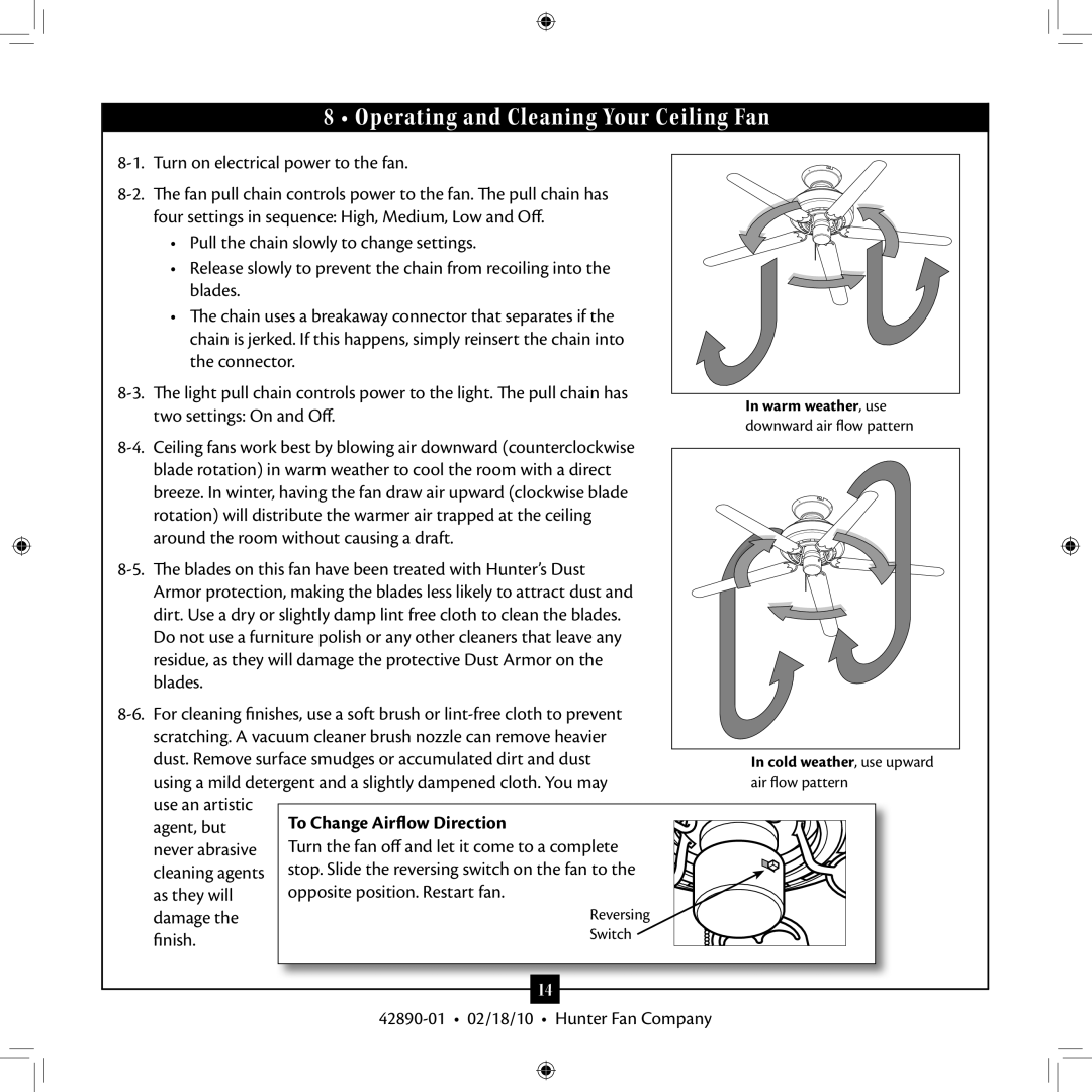 Hunter Fan 42890-01 installation manual Operating and Cleaning Your Ceiling Fan 