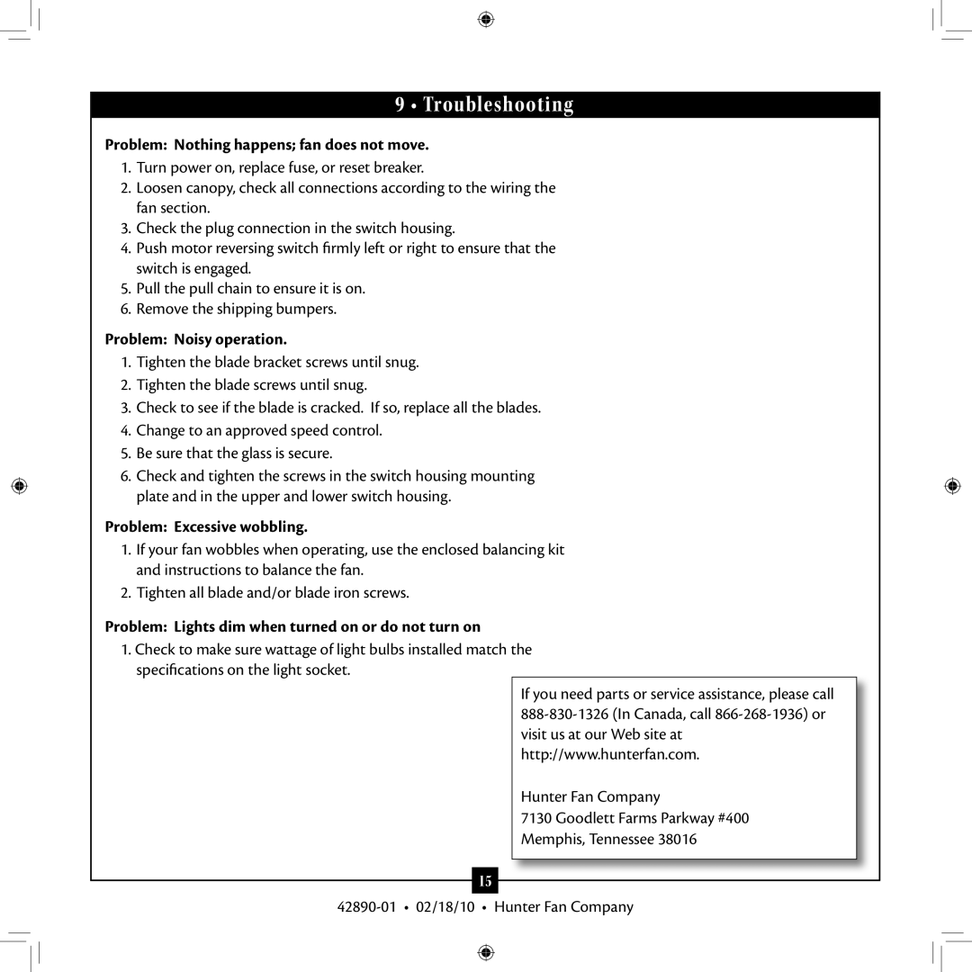 Hunter Fan 42890-01 installation manual Troubleshooting, Problem Nothing happens fan does not move, Problem Noisy operation 