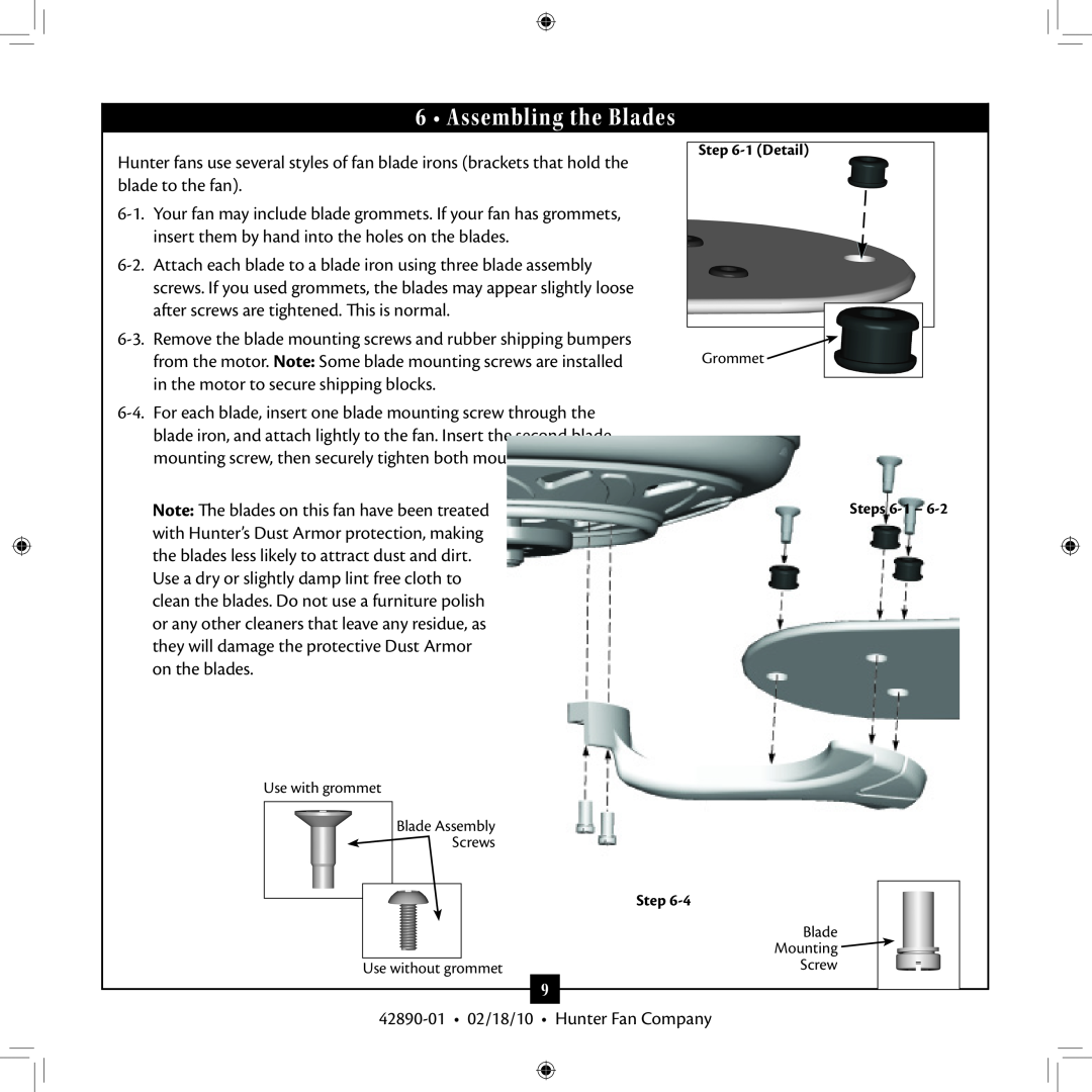 Hunter Fan 42890-01 installation manual Assembling the Blades 