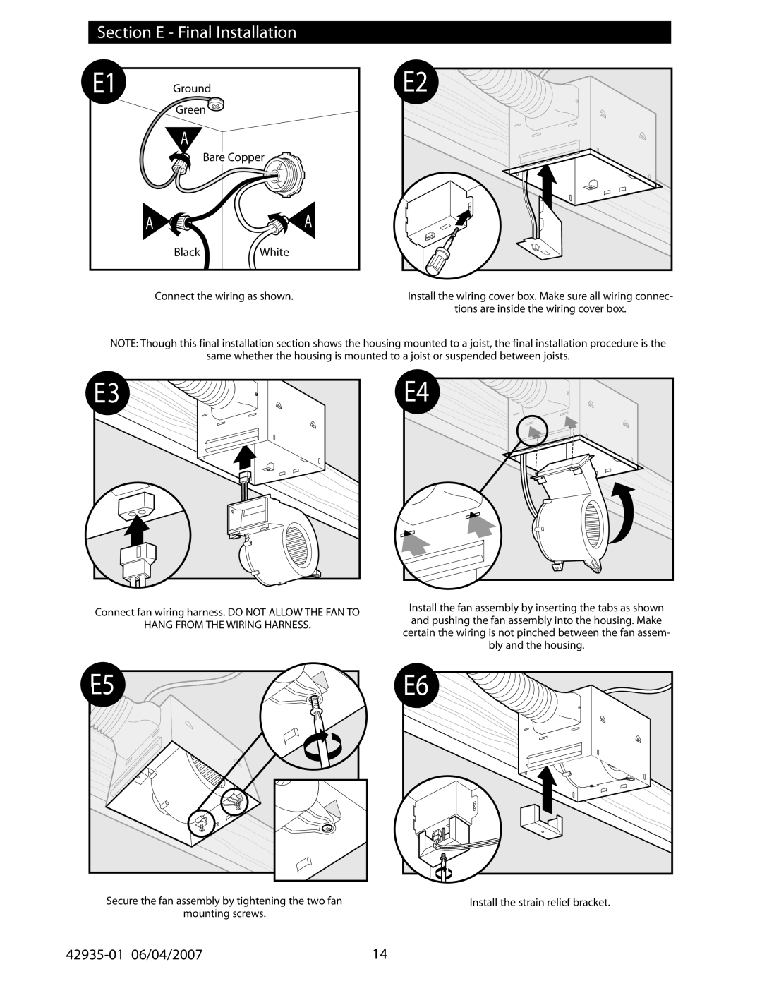 Hunter Fan 82030, 42935-0 Section E Final Installation, Connect the wiring as shown, Install the strain relief bracket 