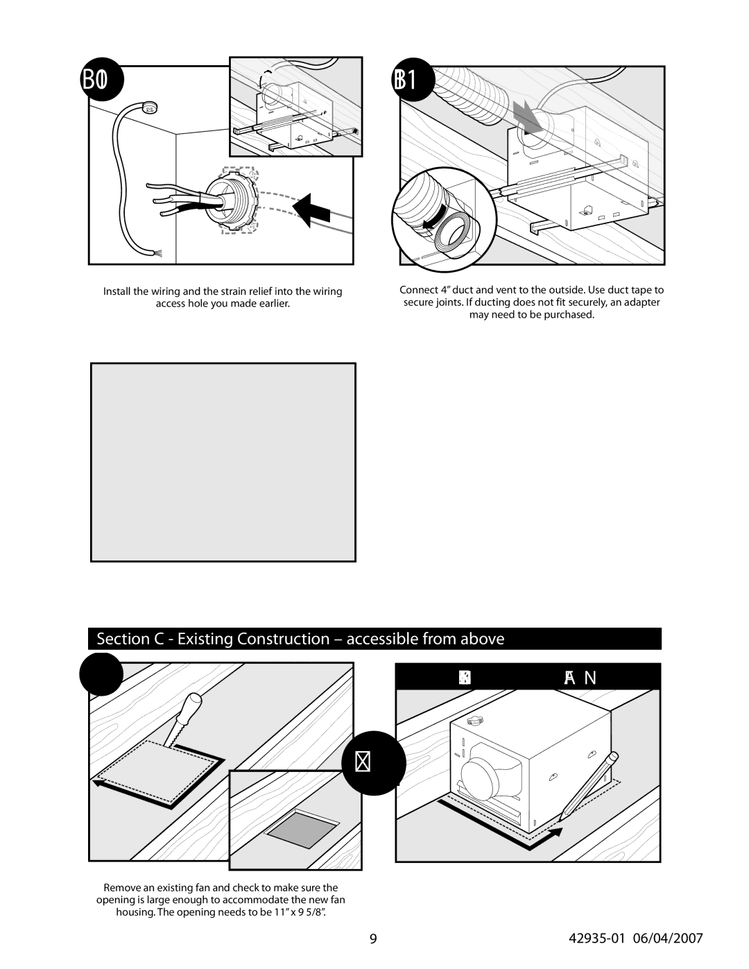 Hunter Fan 82032, 42935-0, 82030 manual B10 B11, Section C Existing Construction accessible from above 