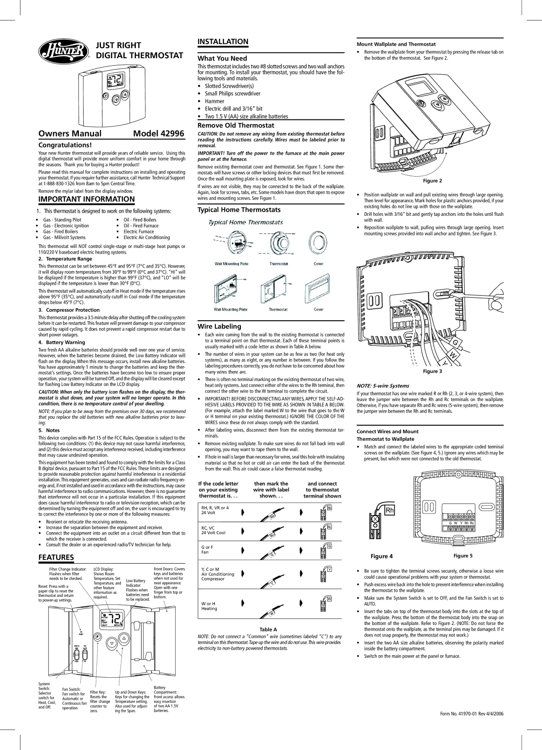 Hunter Fan 42996 owner manual Congratulations, What You Need, Remove Old Thermostat 