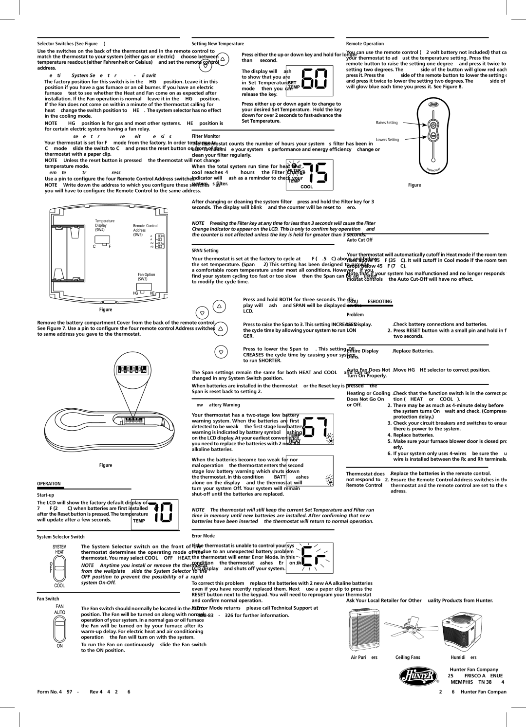 Hunter Fan 42996 Selector Switches See Figure, Heating System Selector HG HE switch, Selector Fahrenheit / Celsius 