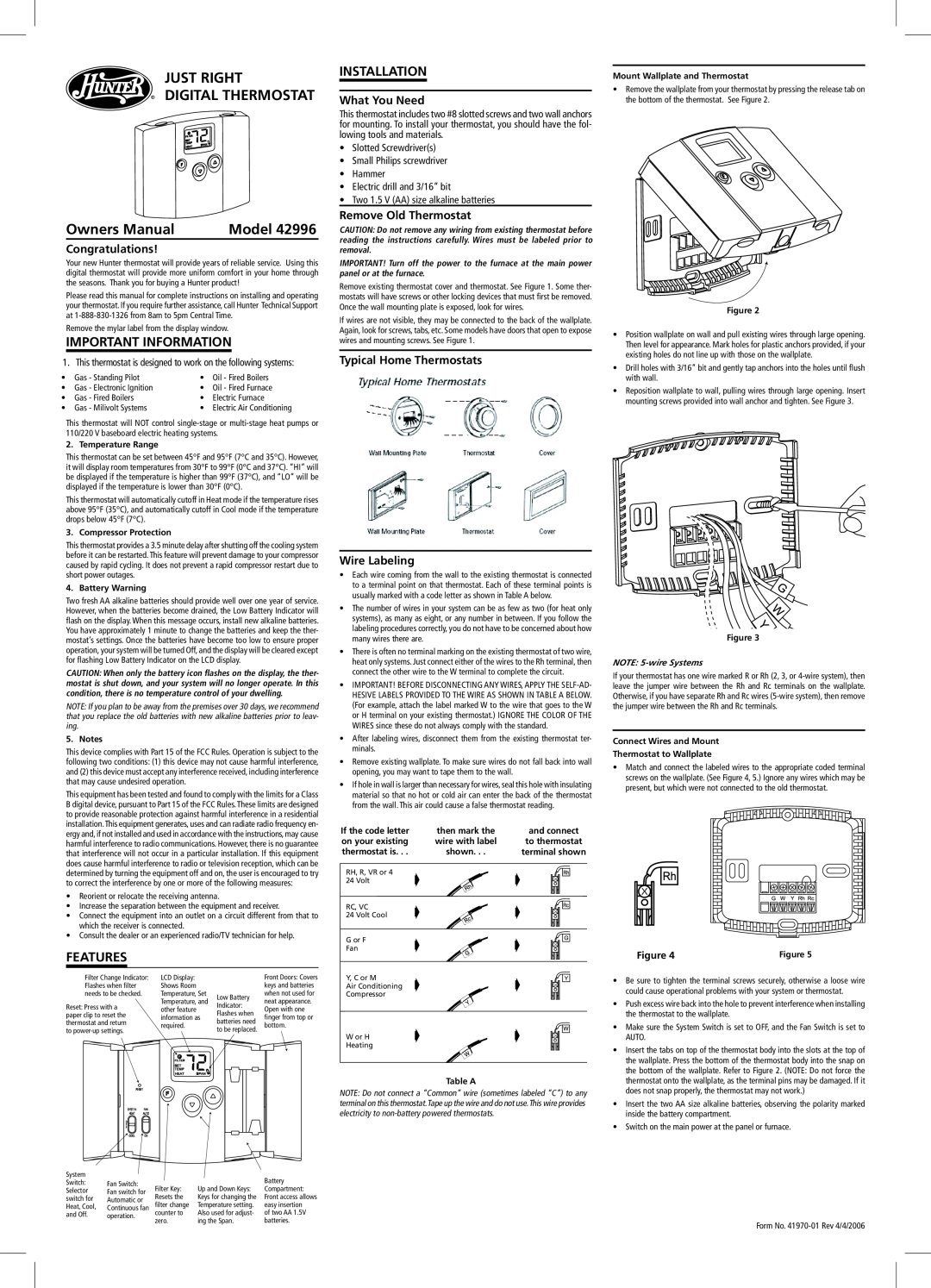 Hunter Fan 42996 owner manual Just Right Digital Thermostat, Owners Manual, Model, Important Information, Features 