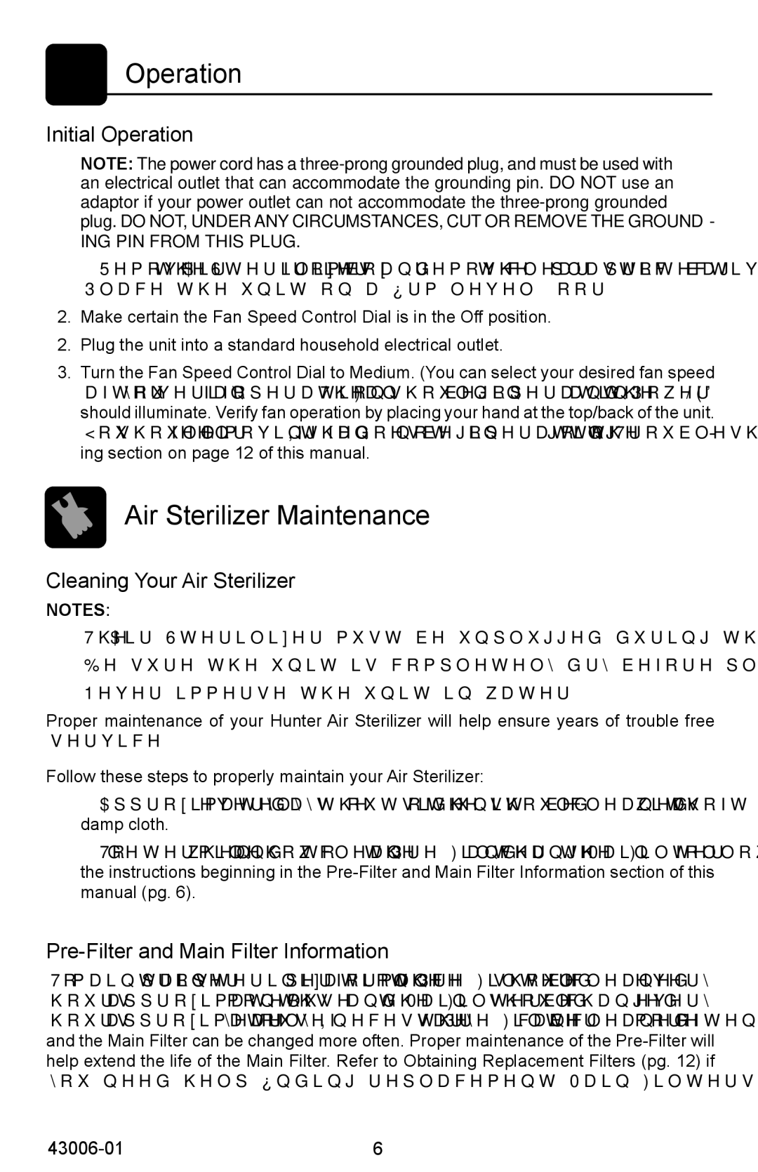 Hunter Fan 43006-01, 30978 manual Operation, Air Sterilizer Maintenance 