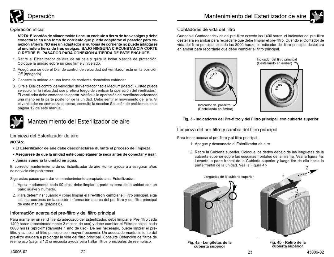 Hunter Fan 30978 manual Mantenimiento del Esterilizador de aire, Operación inicial, Limpieza del Esterilizador de aire 