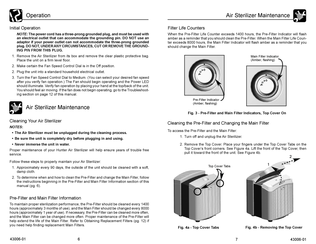 Hunter Fan 43006-01 Air Sterilizer Maintenance, Initial Operation, Filter Life Counters, Cleaning Your Air Sterilizer 