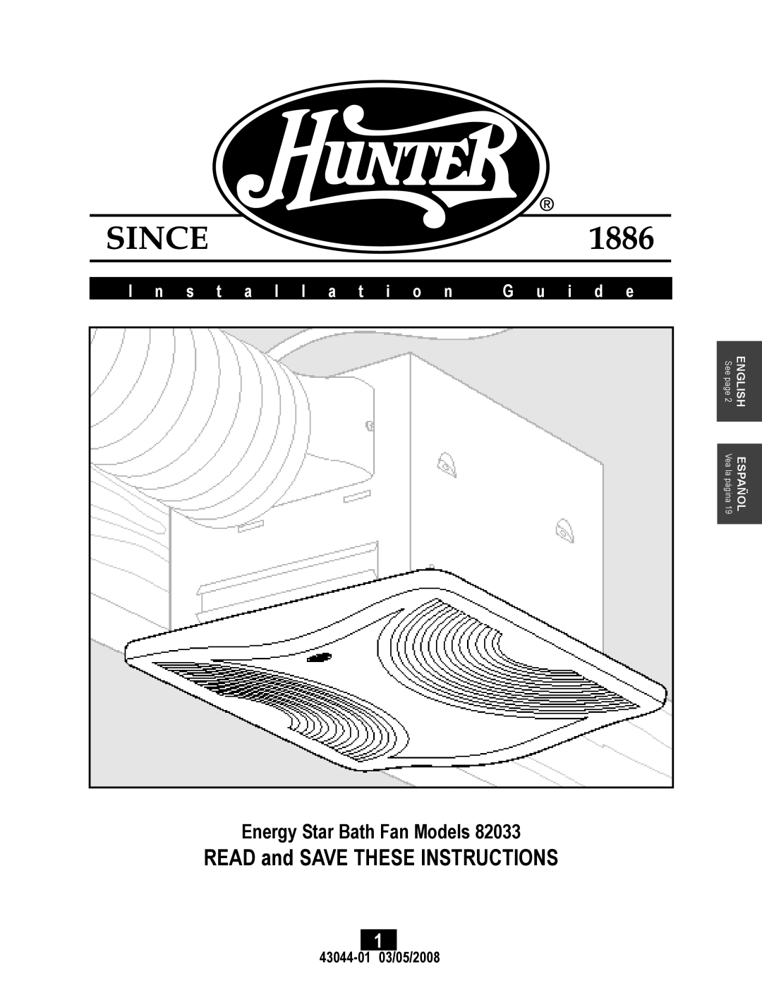 Hunter Fan 82033 manual Installation I d e, 43044-01 103/05/2008 