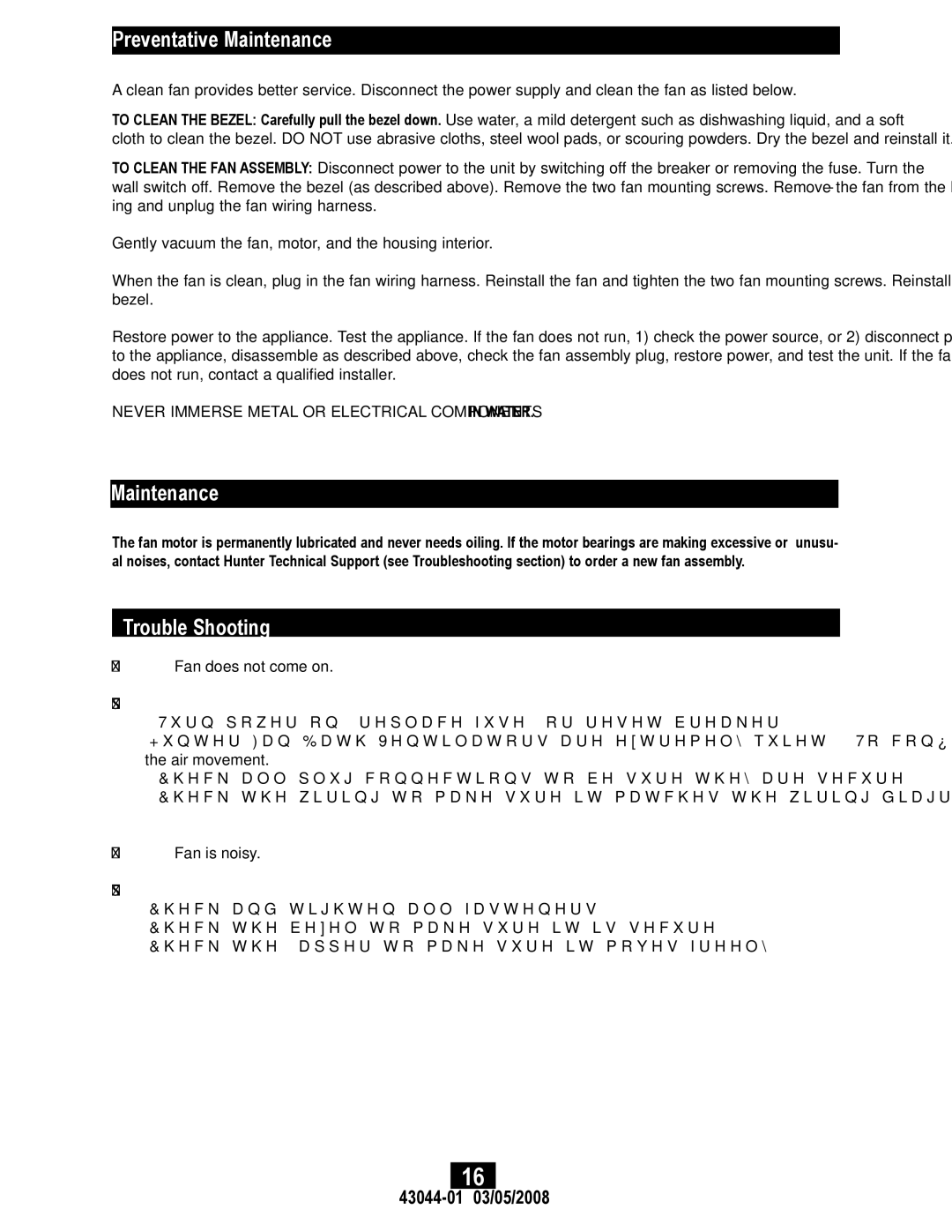 Hunter Fan 43044-01, 82033 manual Preventative Maintenance, Trouble Shooting 