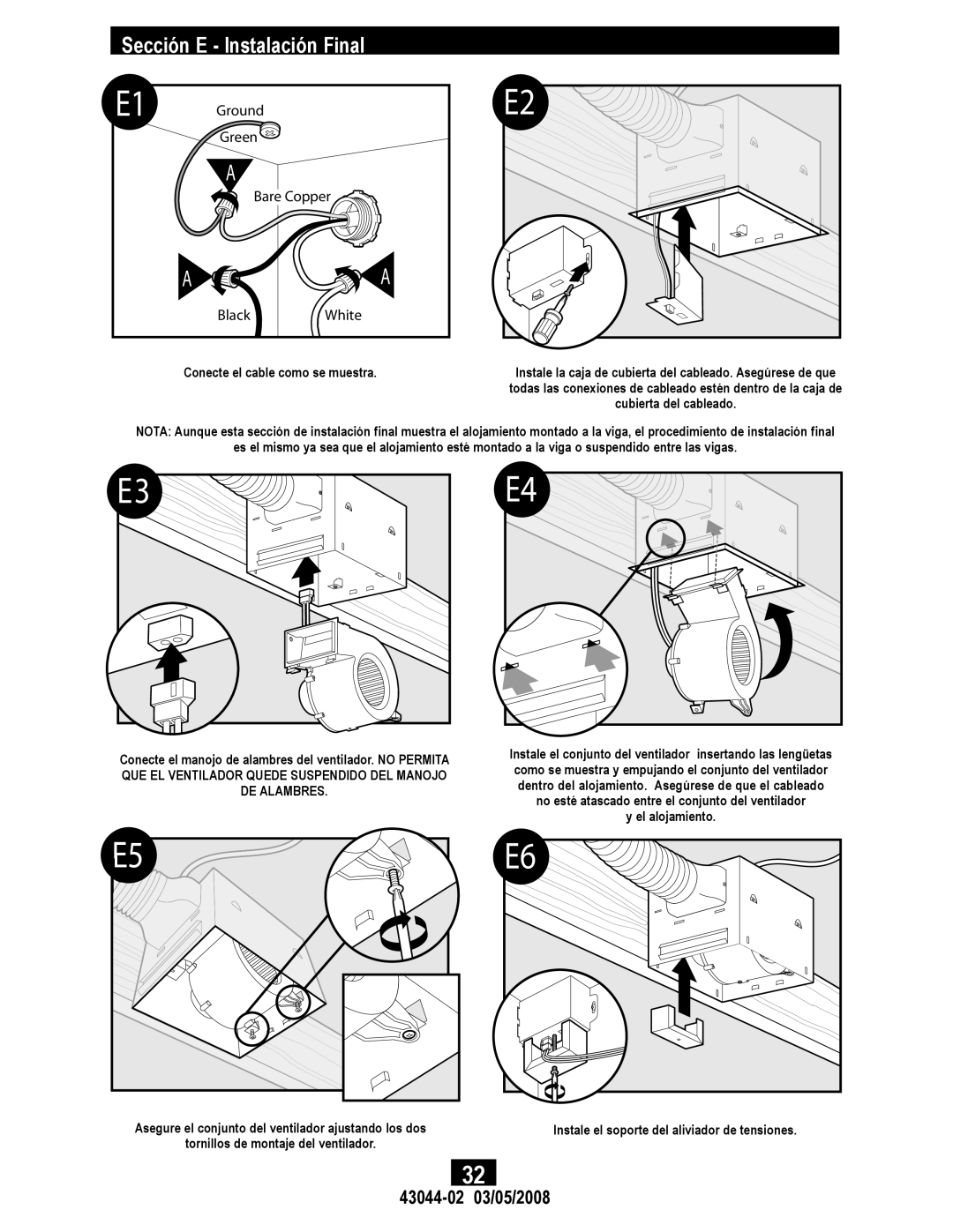 Hunter Fan 43044-01, 82033 manual Sección E Instalación Final, DE Alambres 