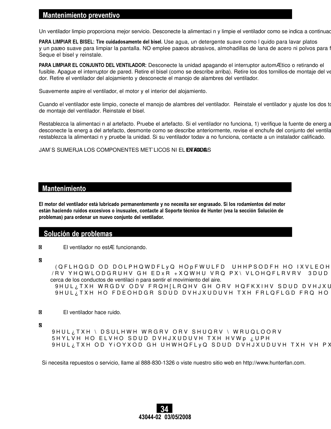 Hunter Fan 43044-01, 82033 manual Mantenimiento preventivo, Solución de problemas 