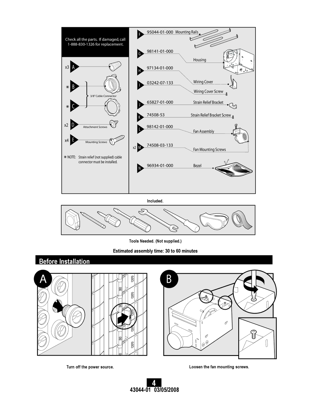 Hunter Fan 82033 manual Before Installation, 43044-01 403/05/2008 