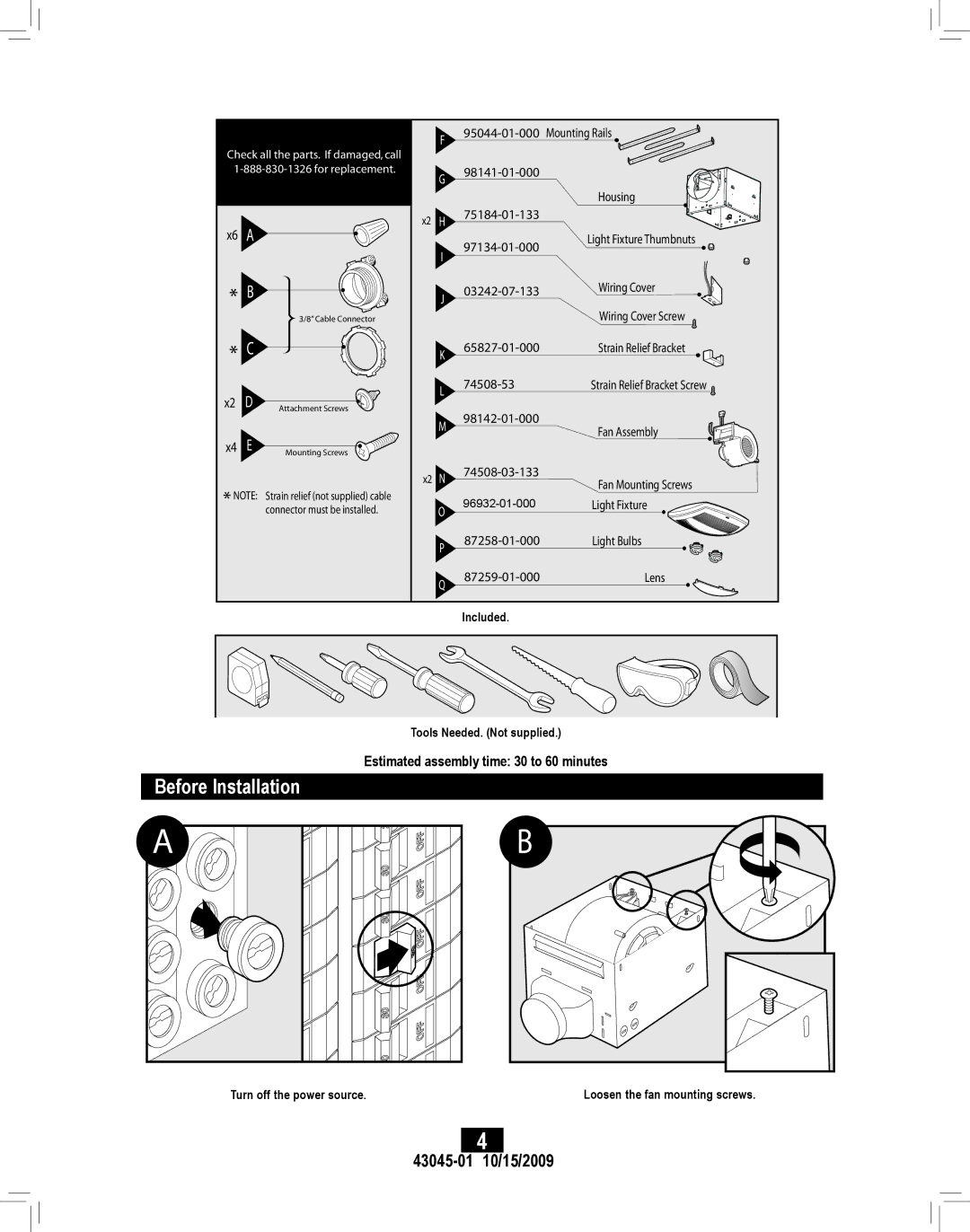 Hunter Fan 82043 manual Before Installation, 43045-01 410/15/2009 