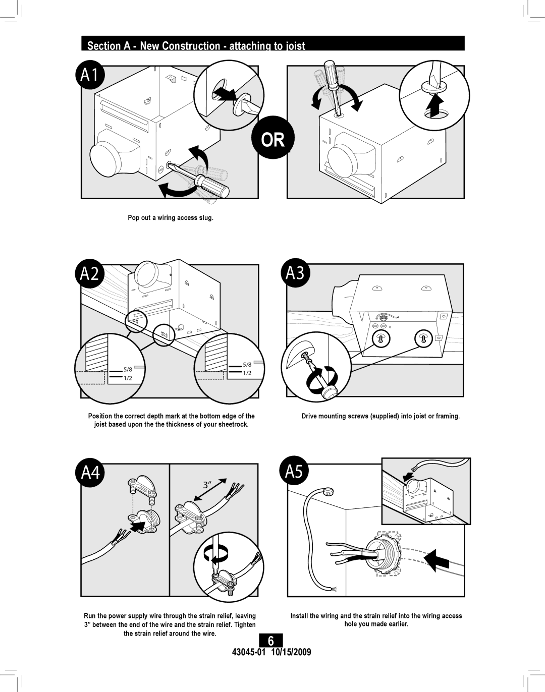 Hunter Fan 82043 manual Section a New Construction attaching to joist, 43045 10/15/2009 