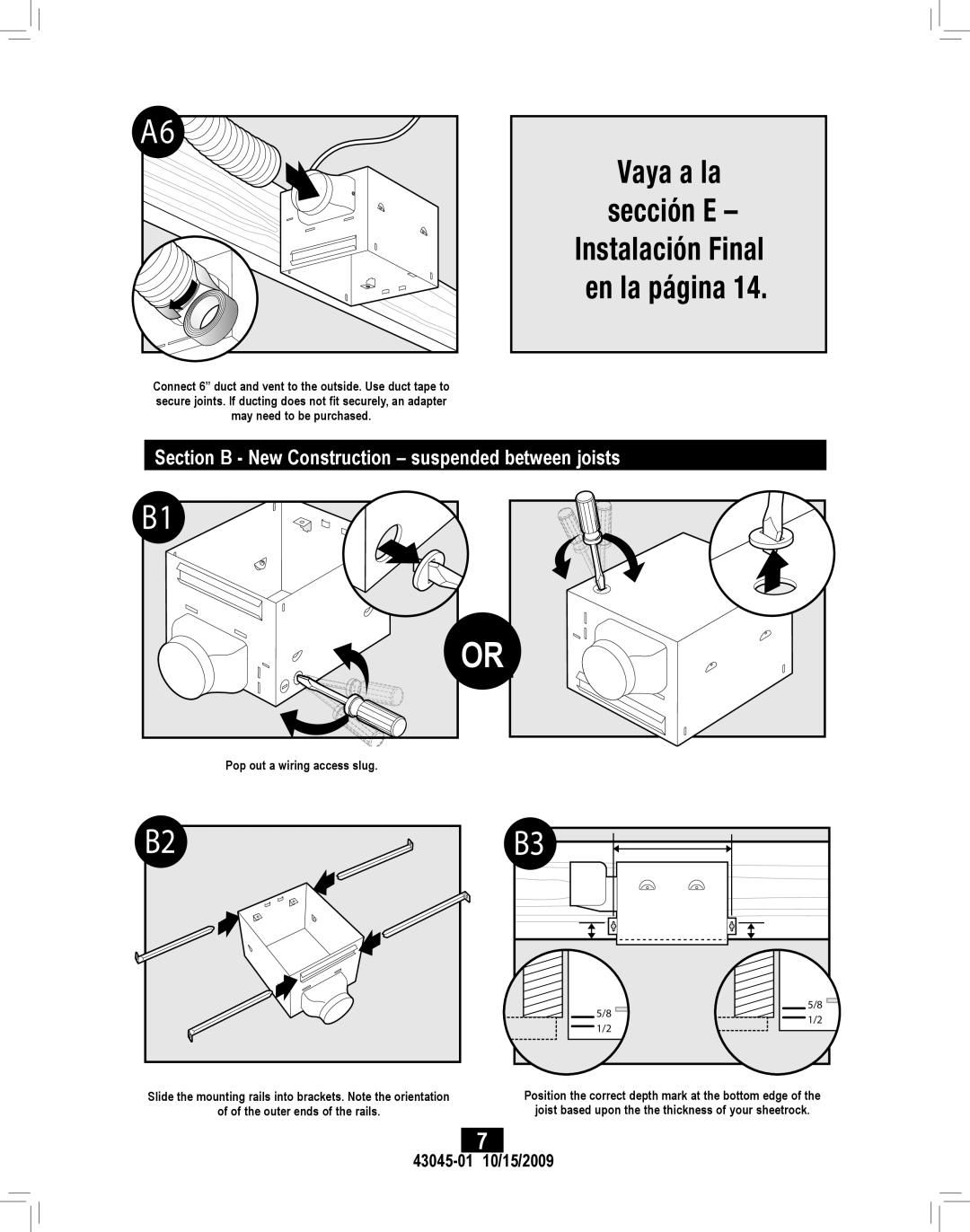 Hunter Fan 82043 manual Section B New Construction suspended between joists, 43045-01 710/15/2009 