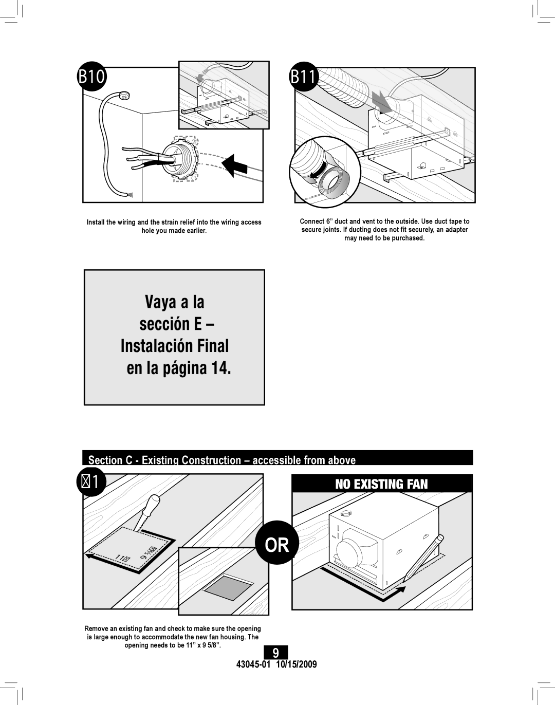 Hunter Fan 82043 manual B10 B11, Section C Existing Construction accessible from above, 910/15/2009, 43045-01 