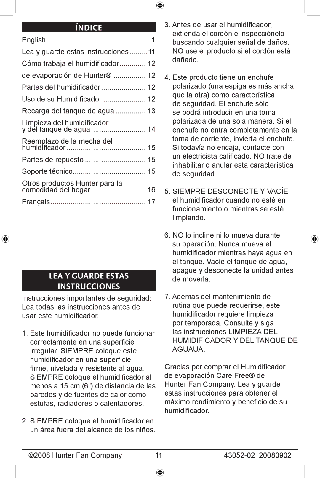 Hunter Fan 20080902, 43052-01 manual Índice, LEA Y Guarde Estas Instrucciones 