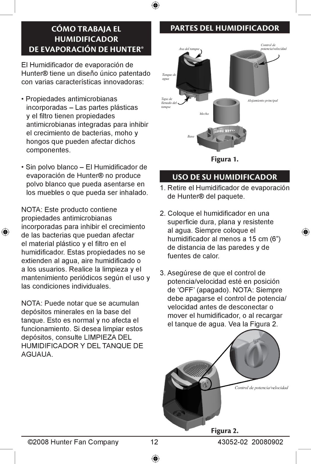 Hunter Fan 43052-01, 20080902 manual Cómo trabaja el humidificador De evaporación de Hunter, Partes del humidificador 