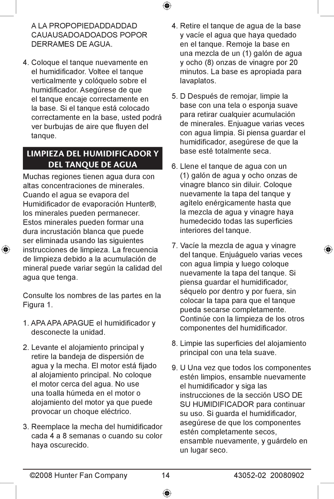 Hunter Fan 43052-01, 20080902 manual Limpieza del humidificador y Del tanque de agua 