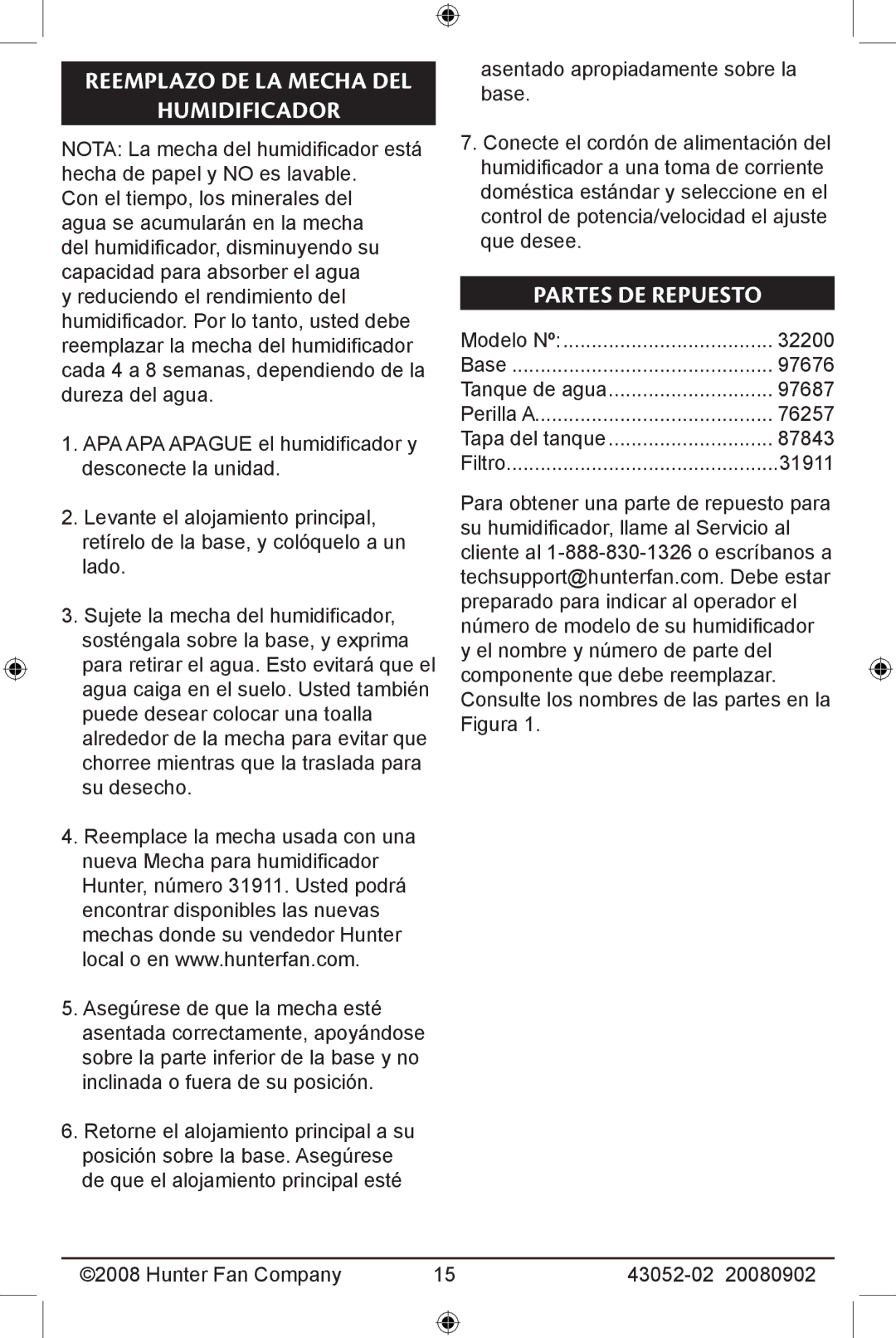 Hunter Fan 20080902, 43052-01 manual Reemplazo de la mecha del Humidificador, Partes de repuesto 