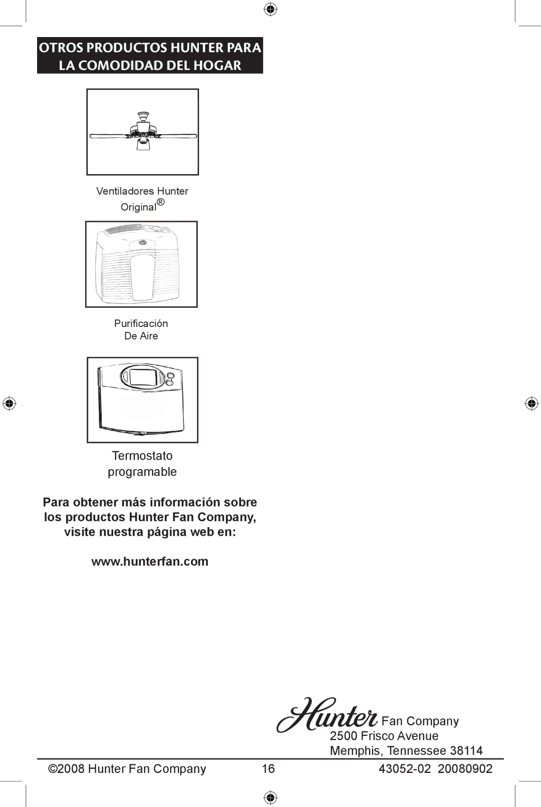 Hunter Fan 43052-01, 20080902 manual Otros Productos Hunter Para LA Comodidad DEL Hogar 