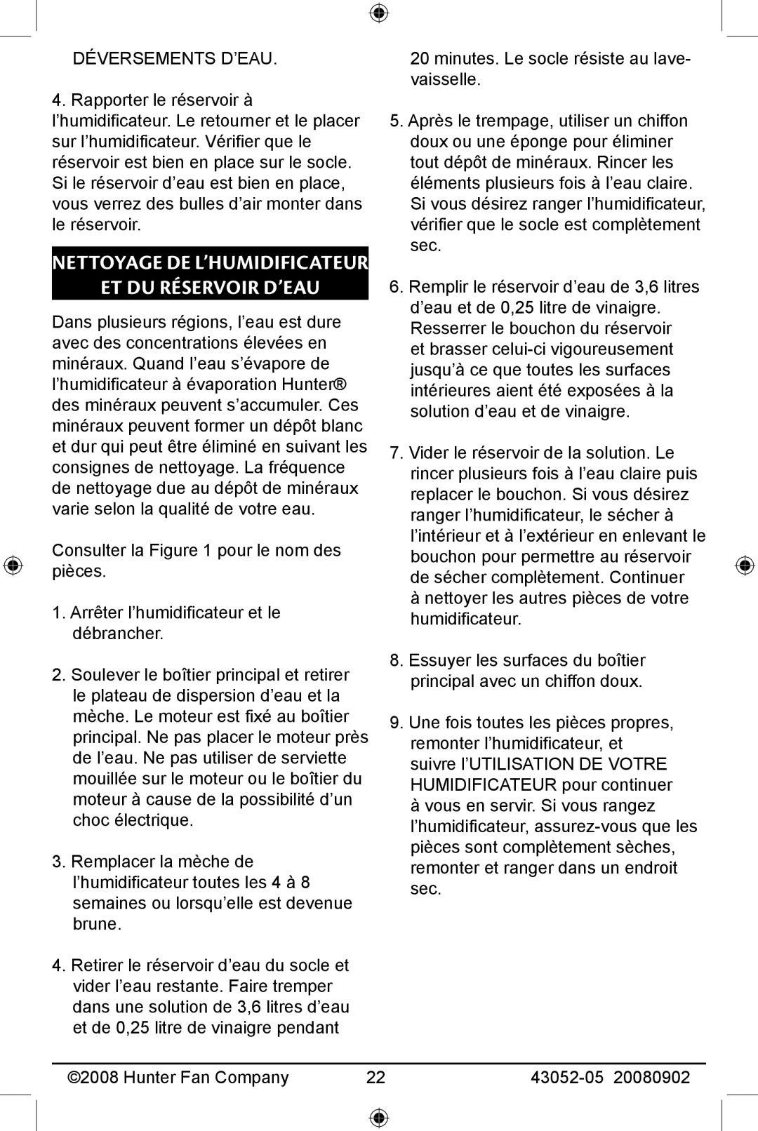 Hunter Fan 43052-01, 20080902 manual Nettoyage de l’humidificateur Et du réservoir d’eau, Déversements D’EAU 
