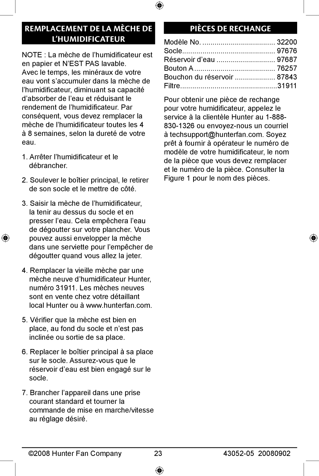 Hunter Fan 20080902, 43052-01 manual Remplacement de la mèche de ’humidificateur, Pièces de rechange 