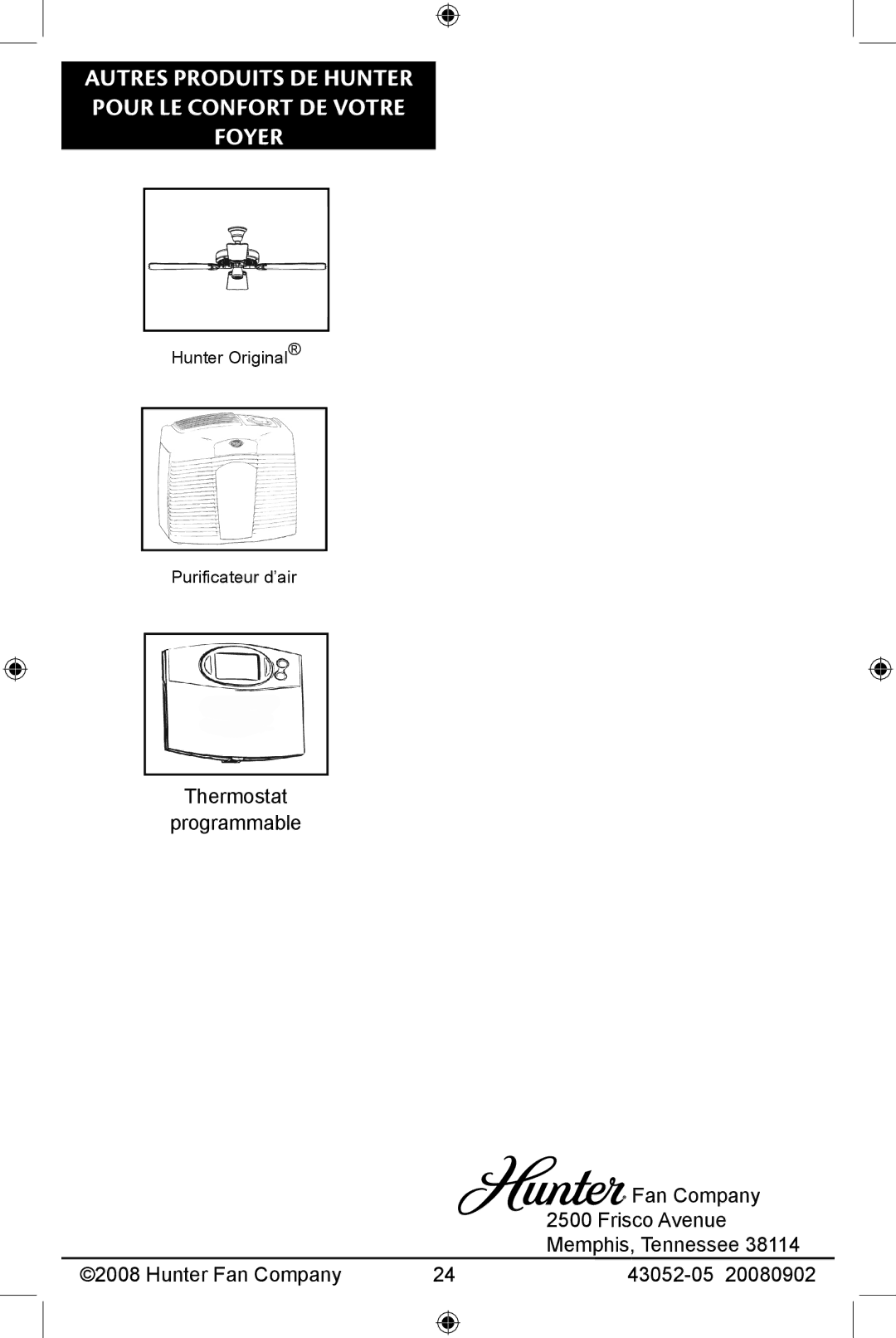 Hunter Fan 43052-01, 20080902 manual Autres produits de Hunter pour le confort de votre foyer 
