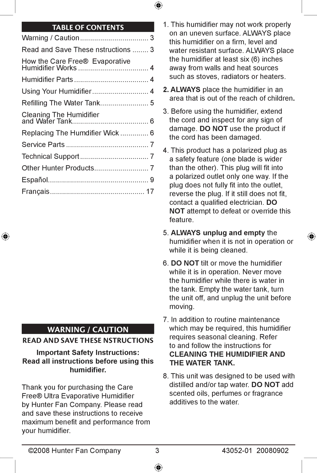 Hunter Fan 20080902, 43052-01 manual Table of Contents 