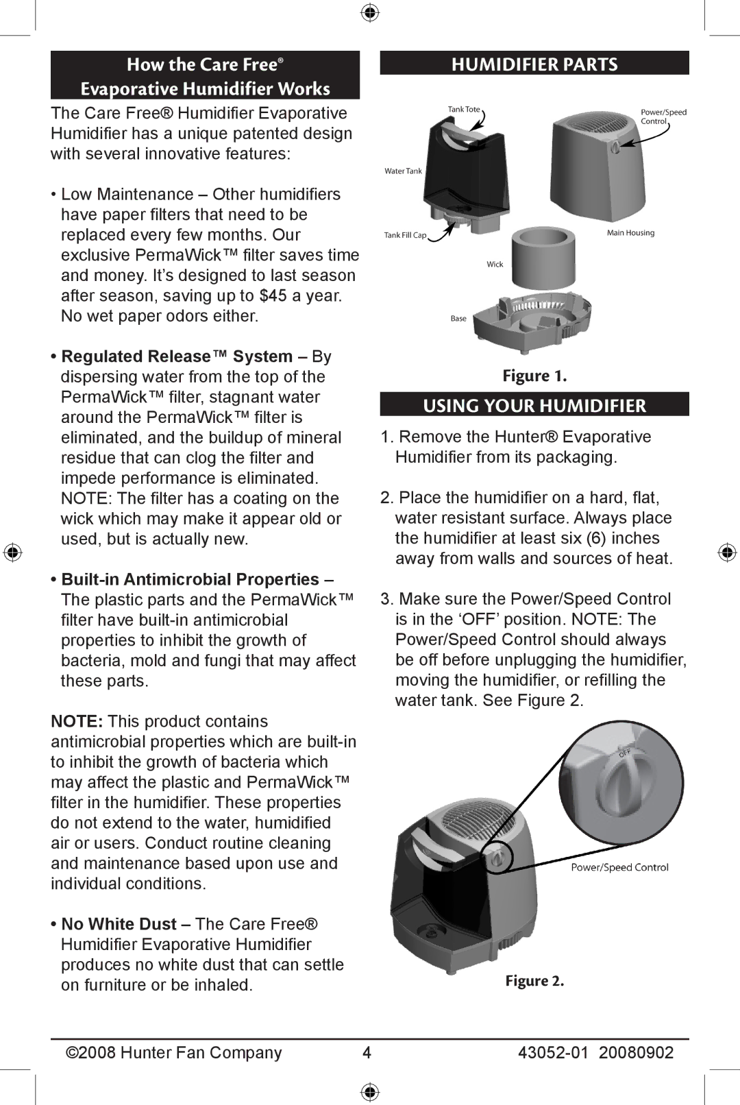 Hunter Fan 43052-01, 20080902 manual How the Care Free Evaporative Humidifier Works, Humidifier Parts Using Your Humidifier 