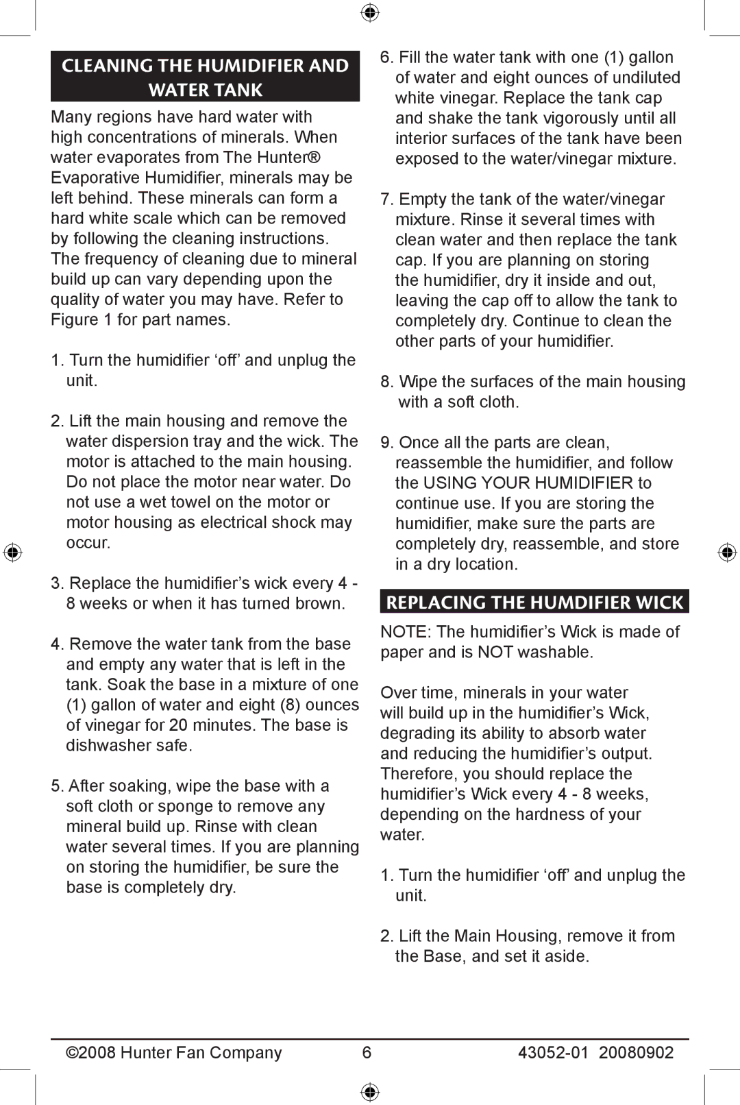 Hunter Fan 43052-01, 20080902 manual Cleaning The Humidifier Water Tank, Replacing The Humdifier Wick 