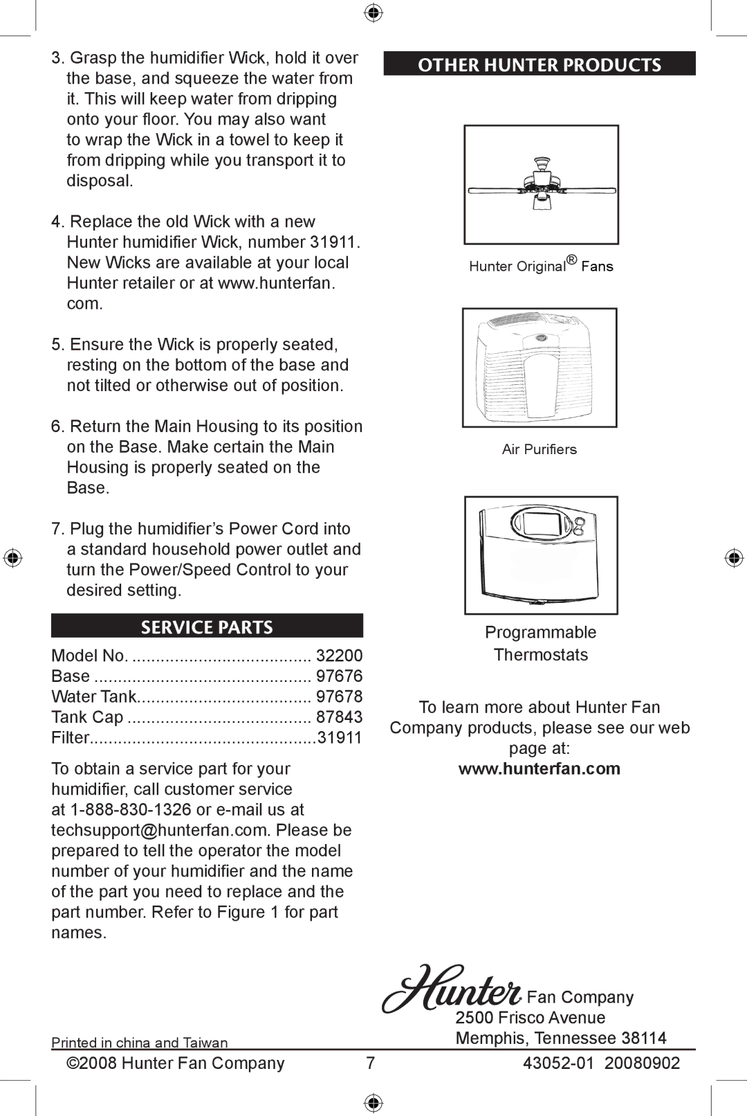 Hunter Fan 20080902, 43052-01 manual Service Parts, Other Hunter Products 