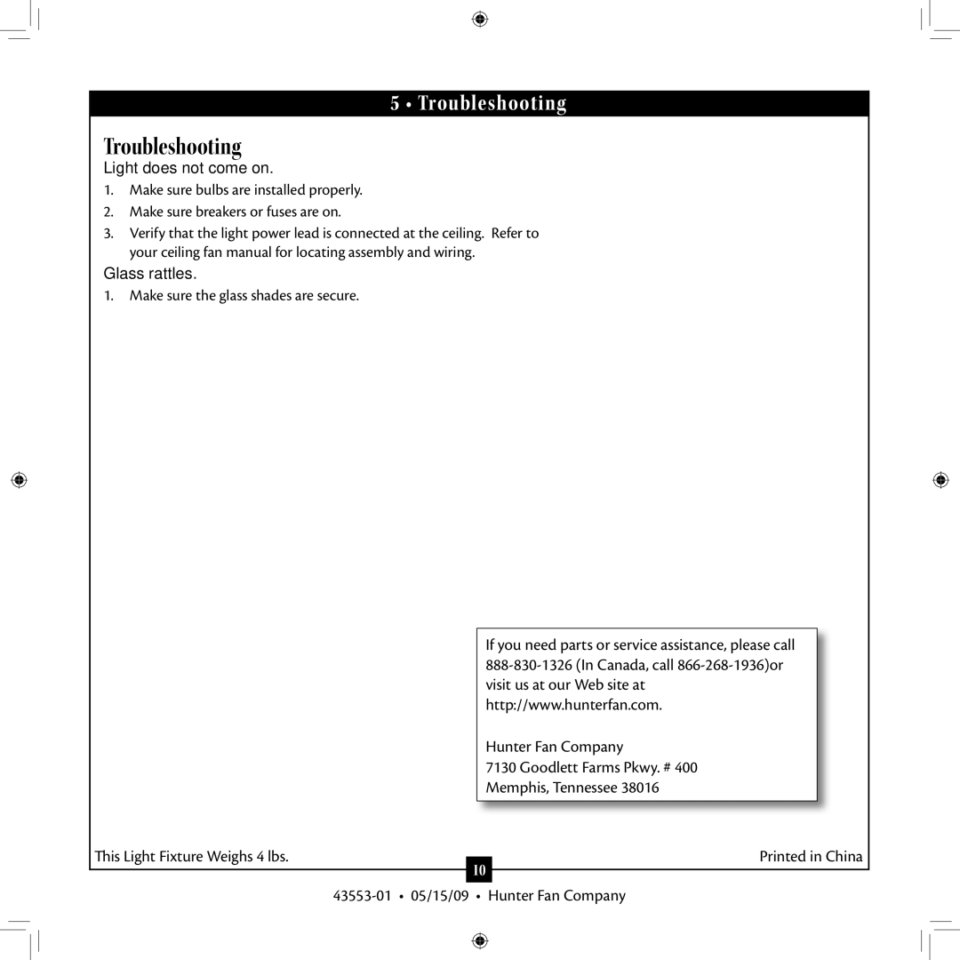 Hunter Fan 43553-01 installation manual Troubleshooting 