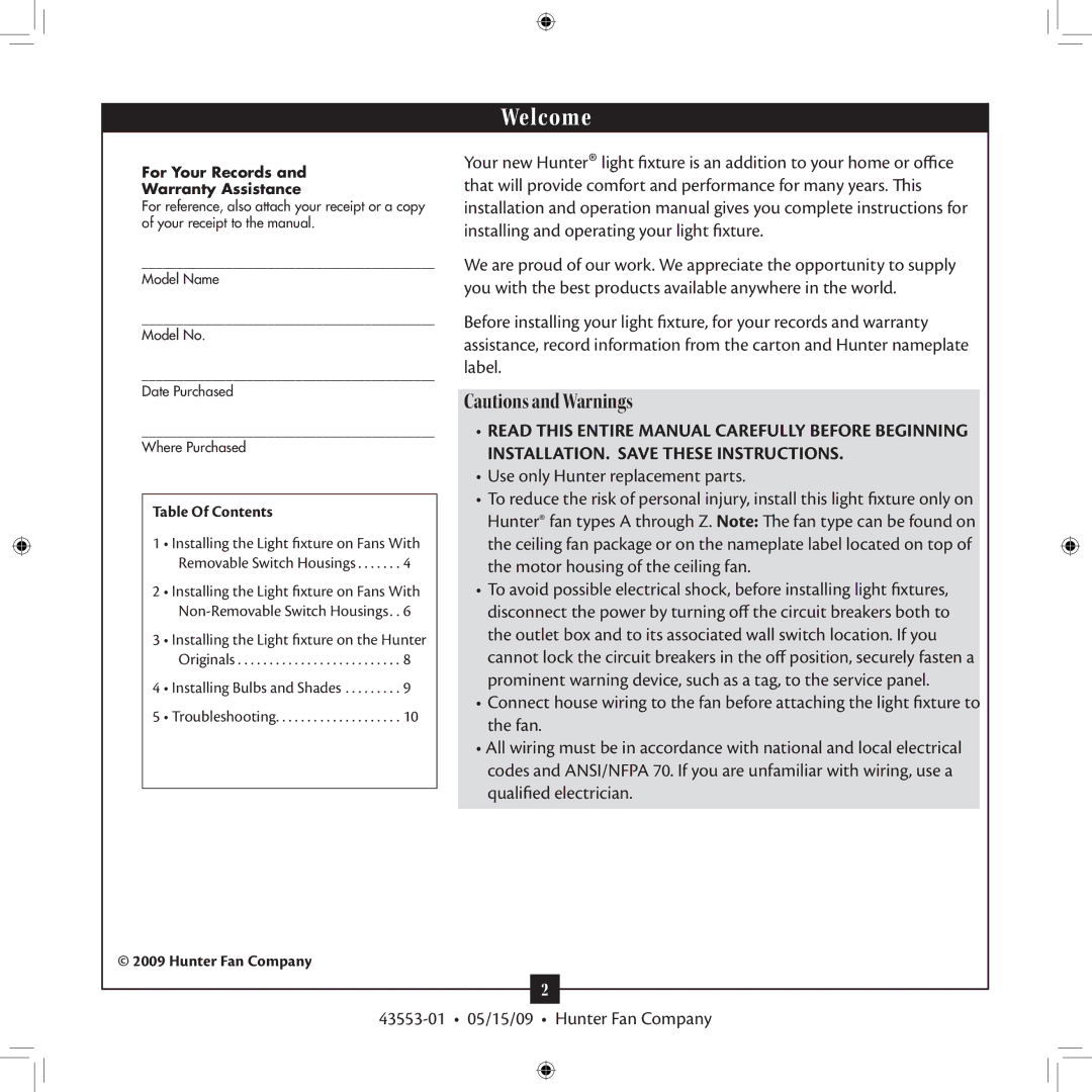 Hunter Fan 43553-01 Installing and operating your light fixture, Label, Use only Hunter replacement parts, Fan 
